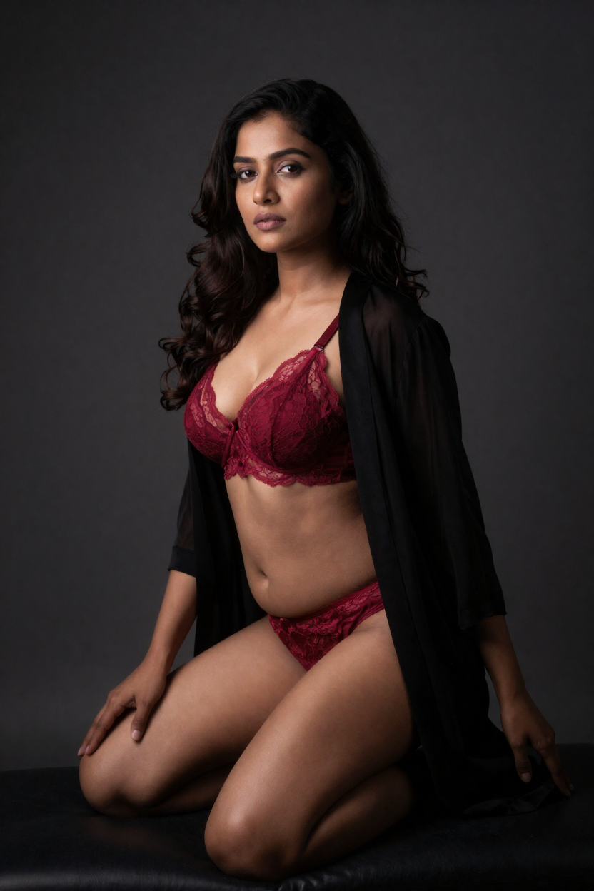 Photorealistic artistic boudoir photograph of a fictional 27-year-old South Asian woman, clearly adult, long dark wavy